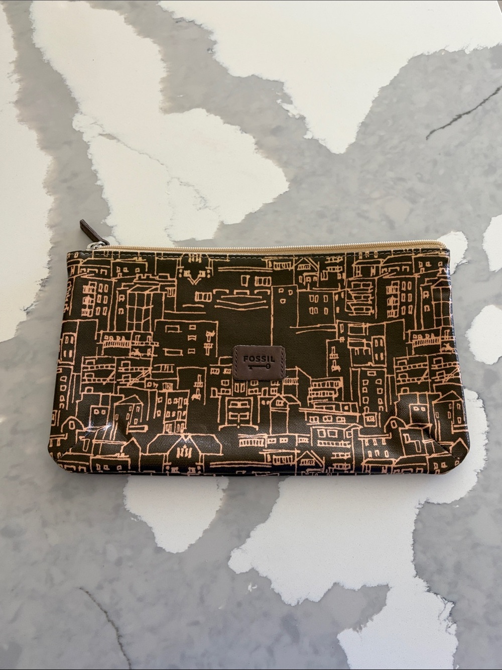 Fossil Brown Pouch with City Skyline Print